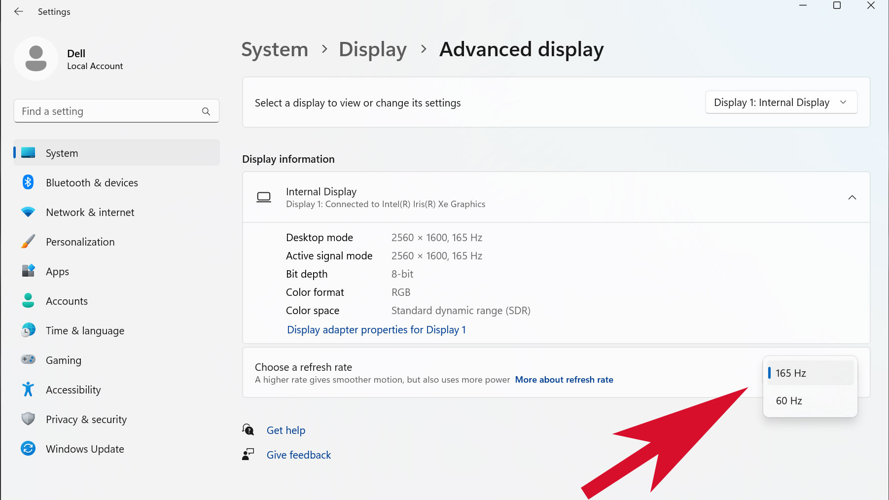 Windows advanced display settings page showing the refresh rate reported for a selected monitor
