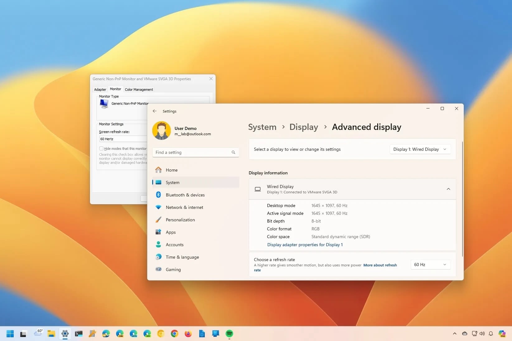 Windows advanced display settings with the refresh rate dropdown for the selected display