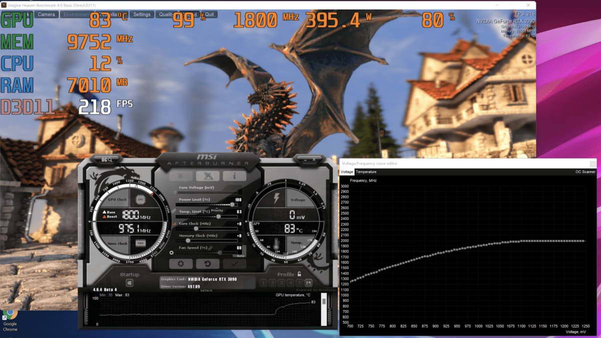 MSI Afterburner main window showing the power limit and voltage sliders used to reduce coil whine