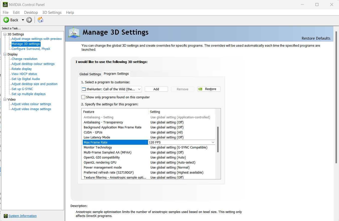 NVIDIA Control Panel 3D settings page with the Max Frame Rate option used to cap frame rate