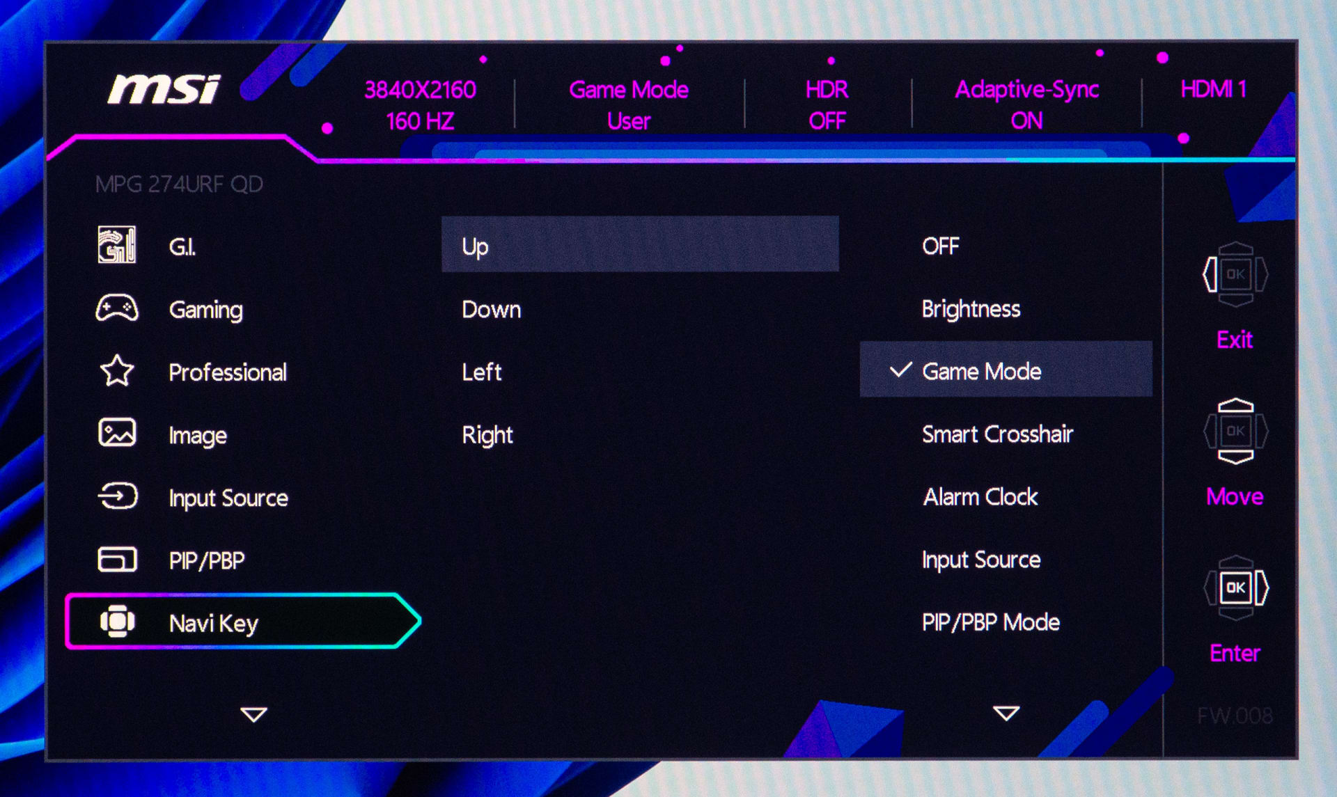 Gaming monitor photographed head on with its settings menu open on screen