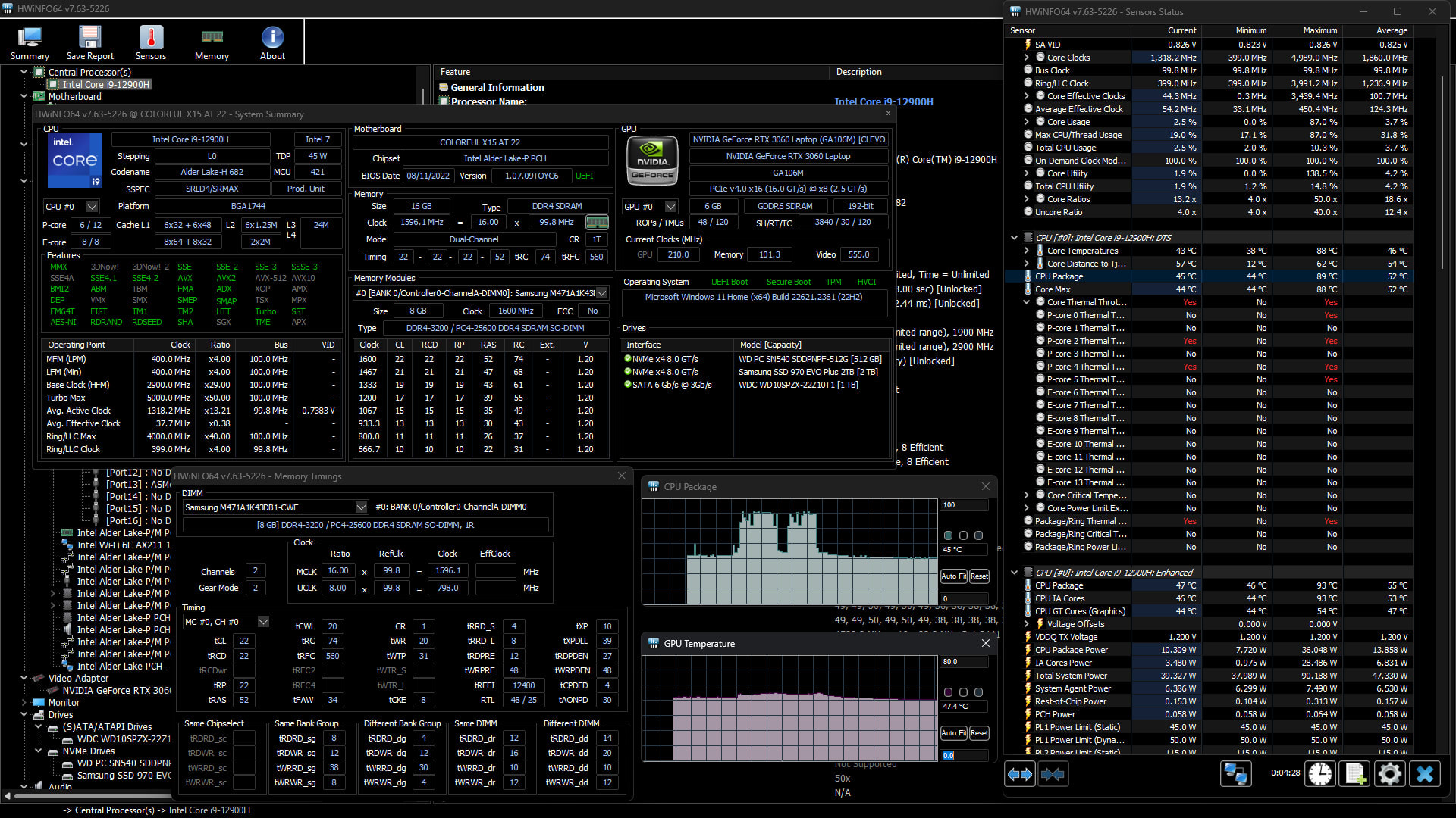 HWiNFO sensor window listing CPU and GPU temperatures, clocks and power draw during a gaming session