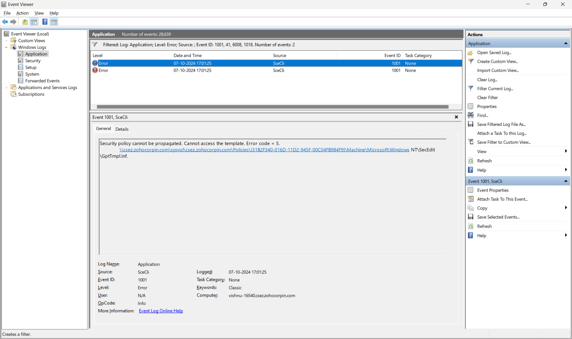 Windows Event Viewer displaying application error entries recorded at the moment of a crash