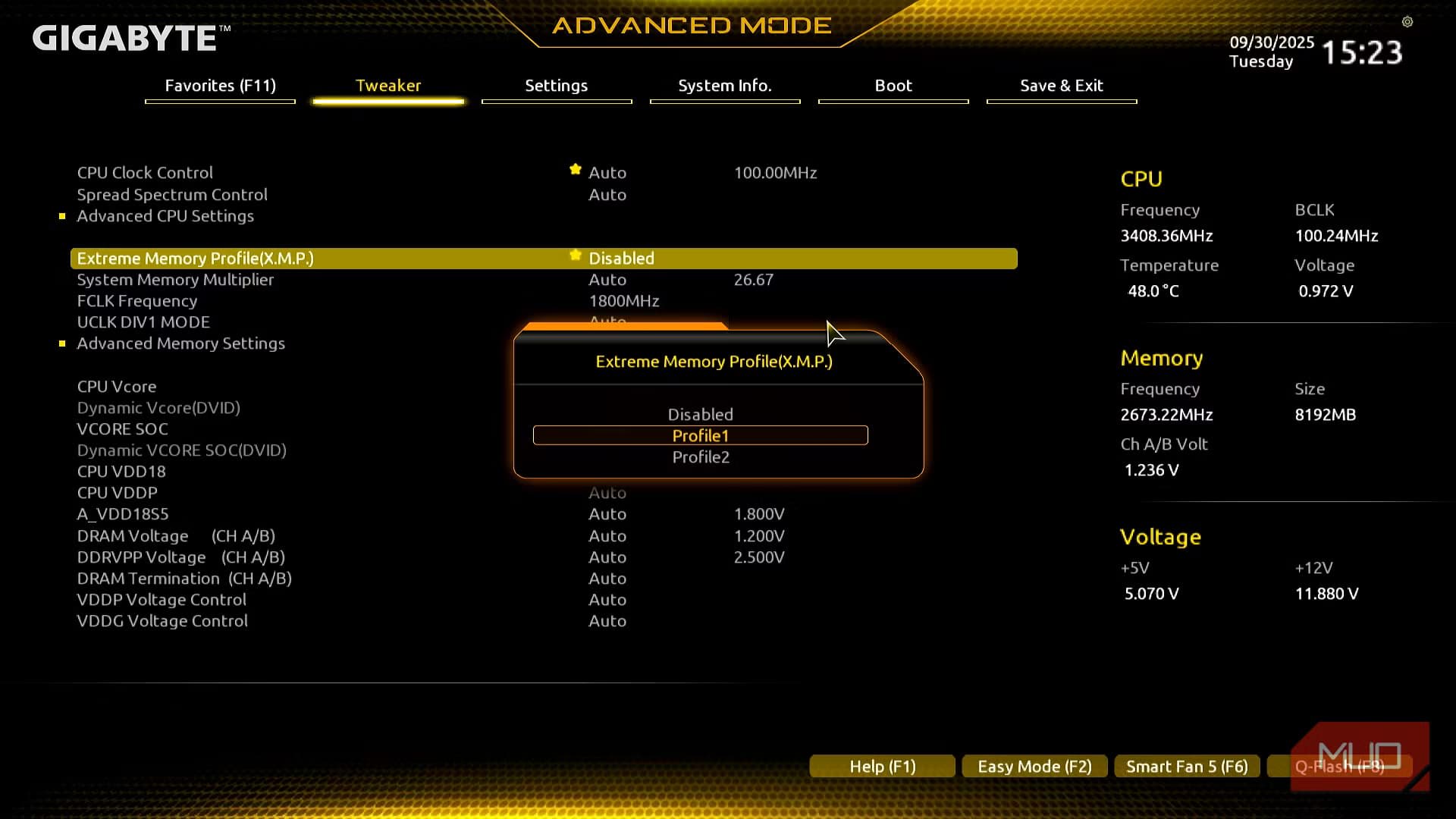 Motherboard BIOS memory page with the XMP and EXPO memory profile selection highlighted