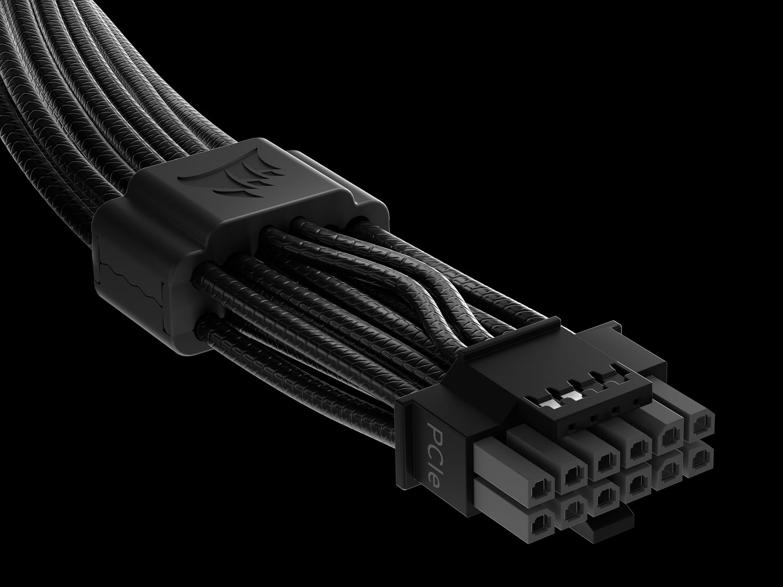 Side by side view of a 12V-2x6 graphics card power cable with its connector head shown in close up