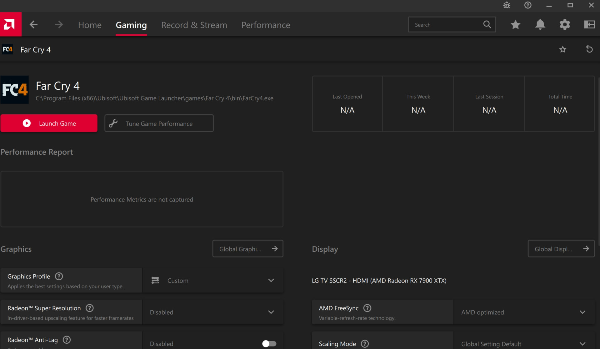 AMD Adrenalin driver software showing the per-game graphics and display options where the memory setting lives