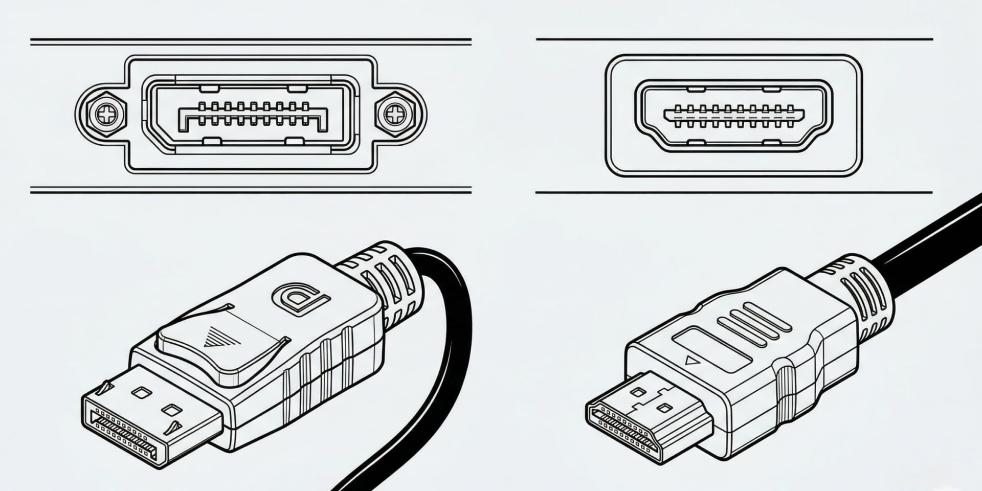 A DisplayPort plug and an HDMI plug side by side showing their different connector shapes