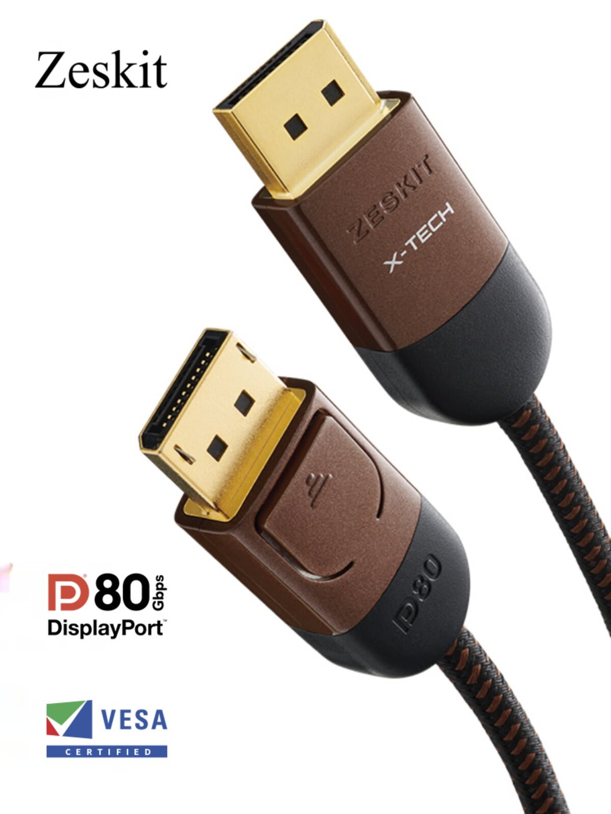 DisplayPort cable connectors shown beside the DP80 80Gbps and VESA Certified logos