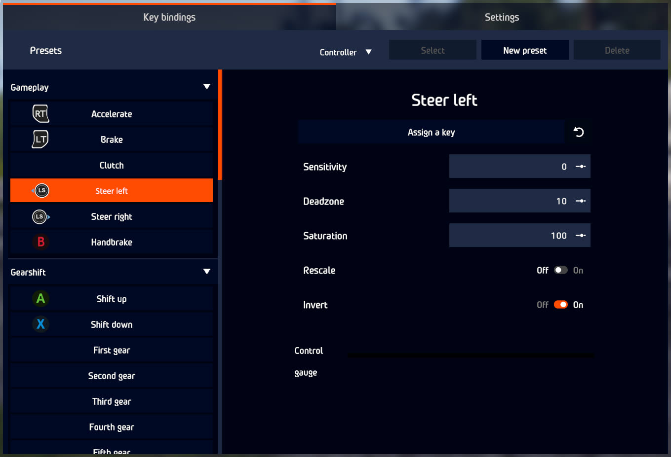 Steam Input joystick settings panel showing the deadzone and anti-deadzone sliders