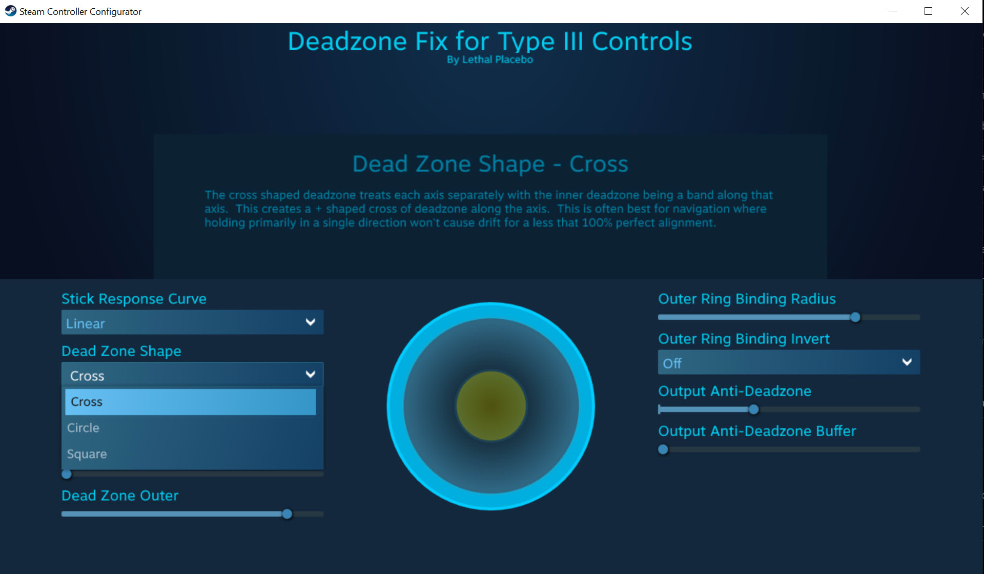 Steam Input configuration screen showing deadzone shape and outer deadzone options for a thumbstick