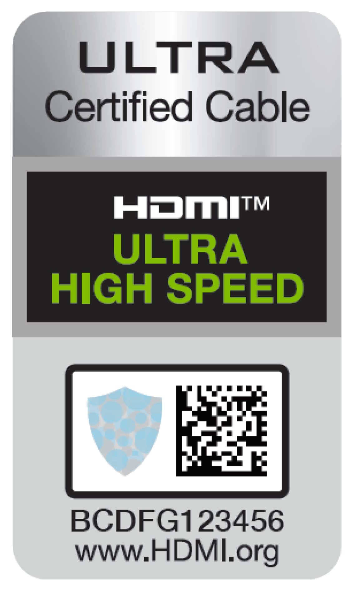 Ultra High Speed HDMI cable certification label showing the hologram and its scannable QR code