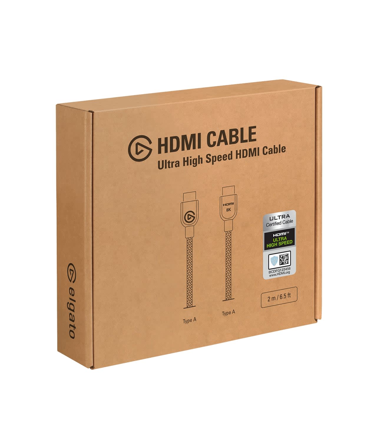 Ultra High Speed HDMI cable retail box with the certification hologram and QR code on the packaging