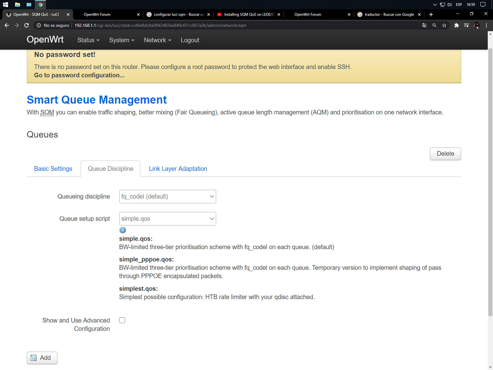 Router administration page showing the smart queue management and bandwidth limit configuration options