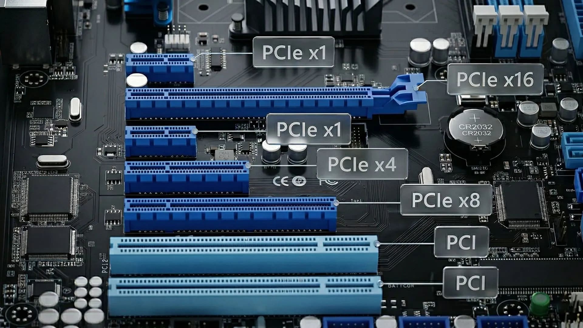 Close view of the PCIe x16 expansion slots on a modern motherboard