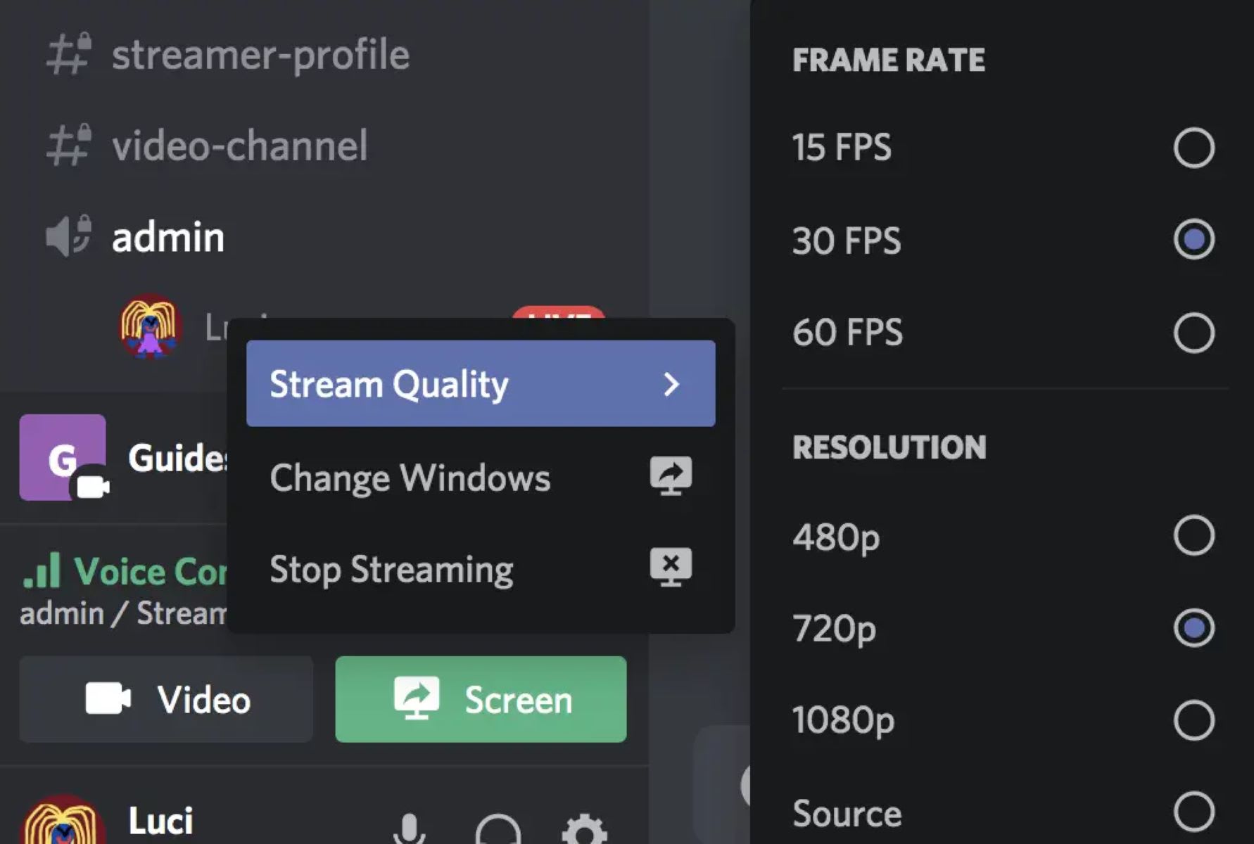 Voice chat application screen share settings showing resolution and frame rate selection options