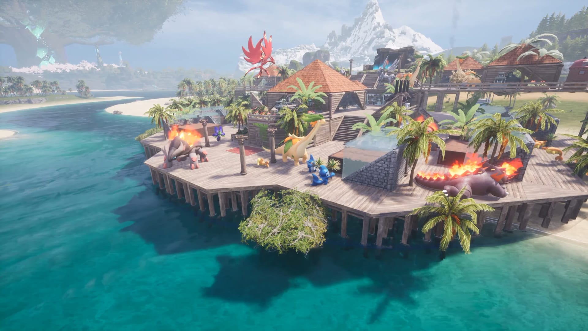 Palworld base camp with captured Pals automating resource production