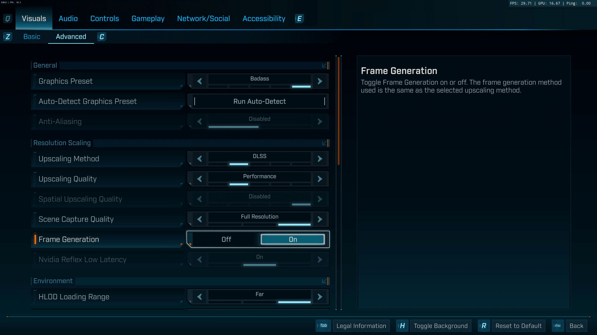 In game graphics menu showing upscaling and frame generation options alongside a low latency toggle