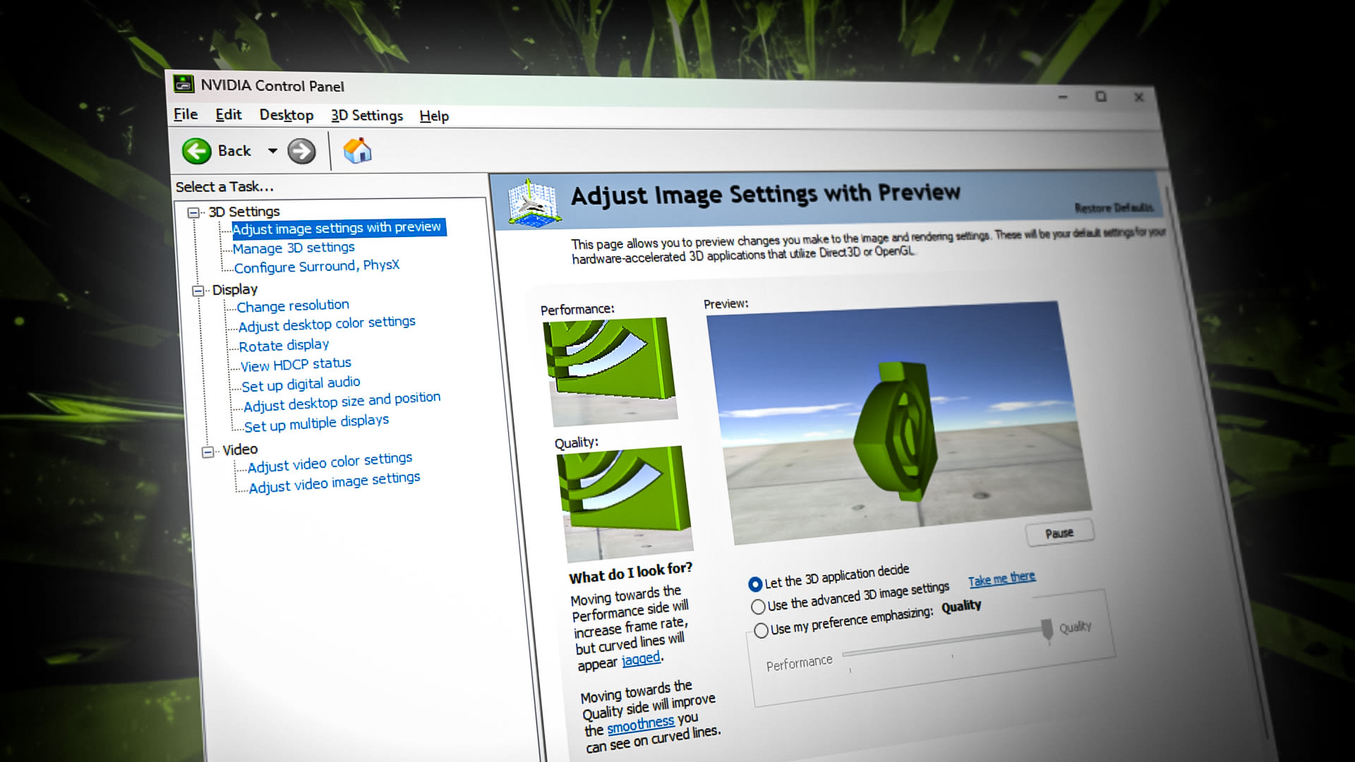 NVIDIA Control Panel Manage 3D Settings page with the preferred graphics processor dropdown open