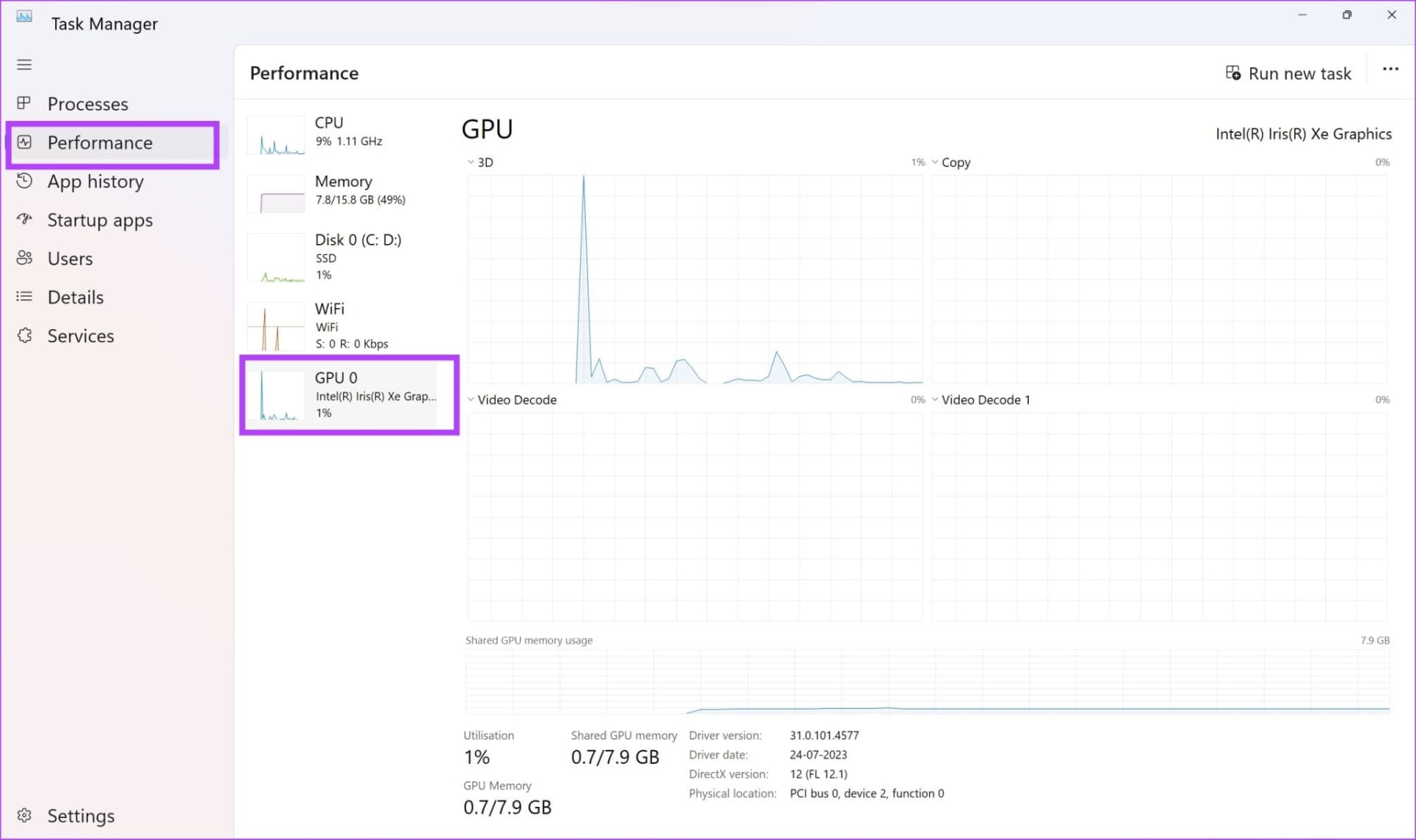 Windows Task Manager performance tab showing separate GPU 0 and GPU 1 utilisation graphs