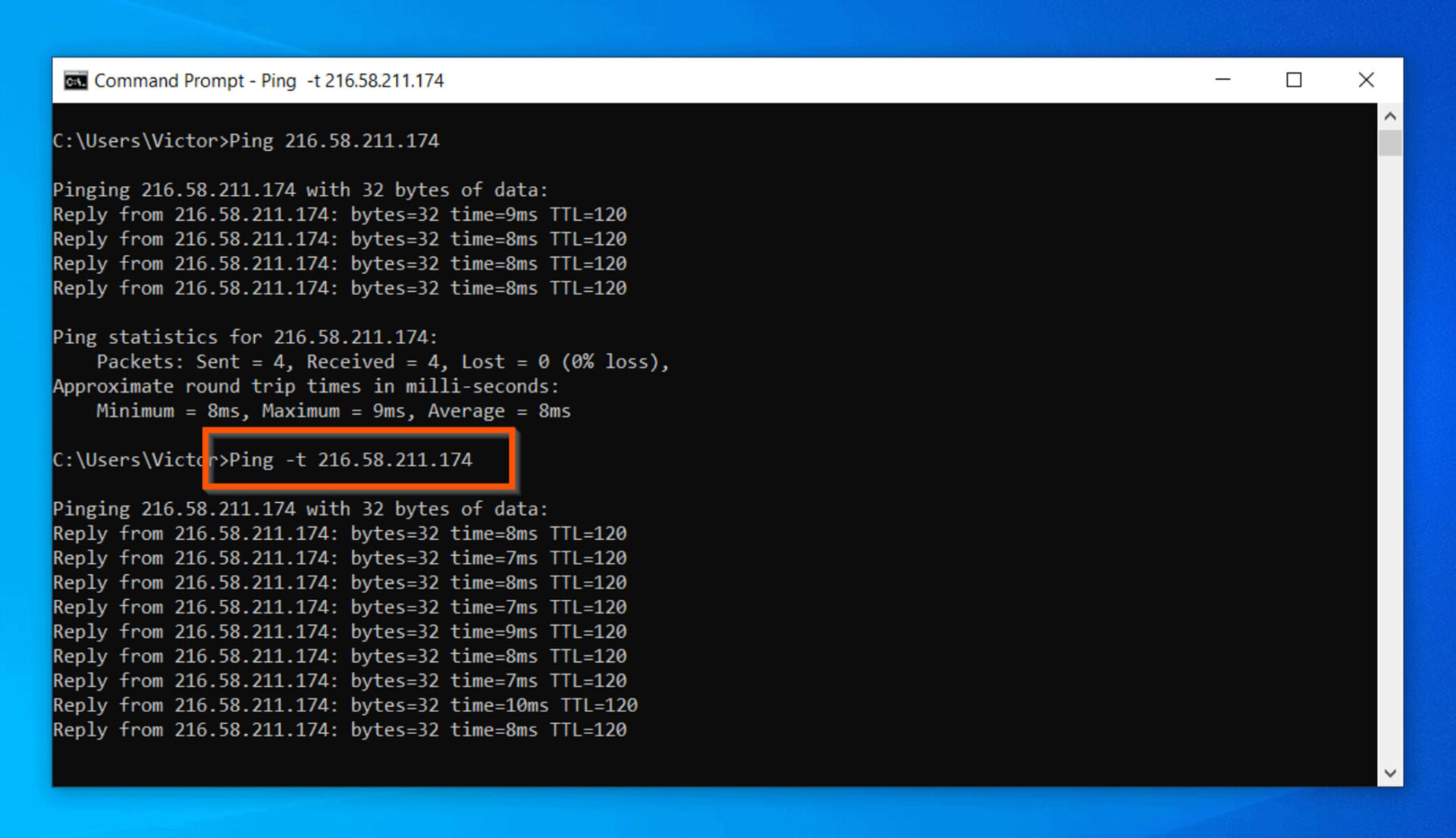 Windows Command Prompt showing a ping test result with packets sent, received and lost