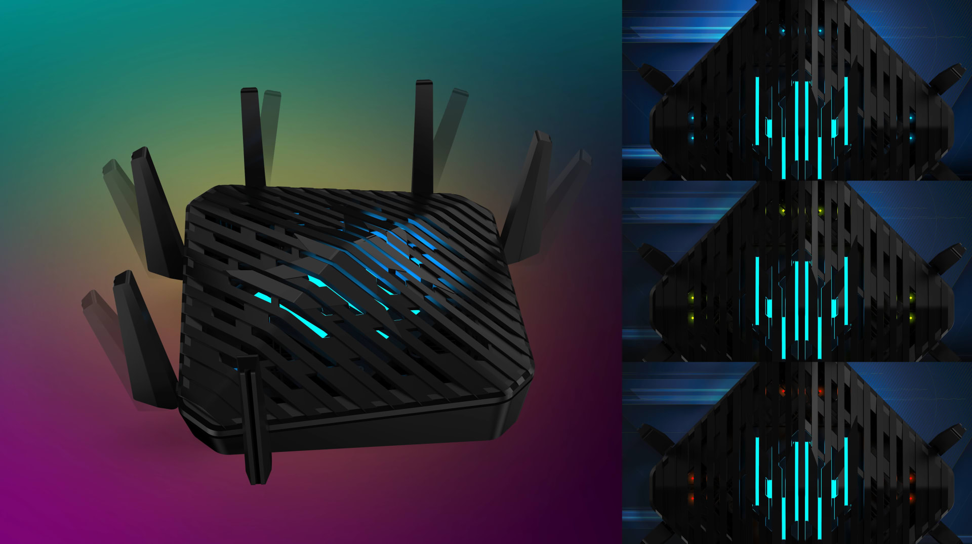 A gaming router with Ethernet cables connected to its LAN ports