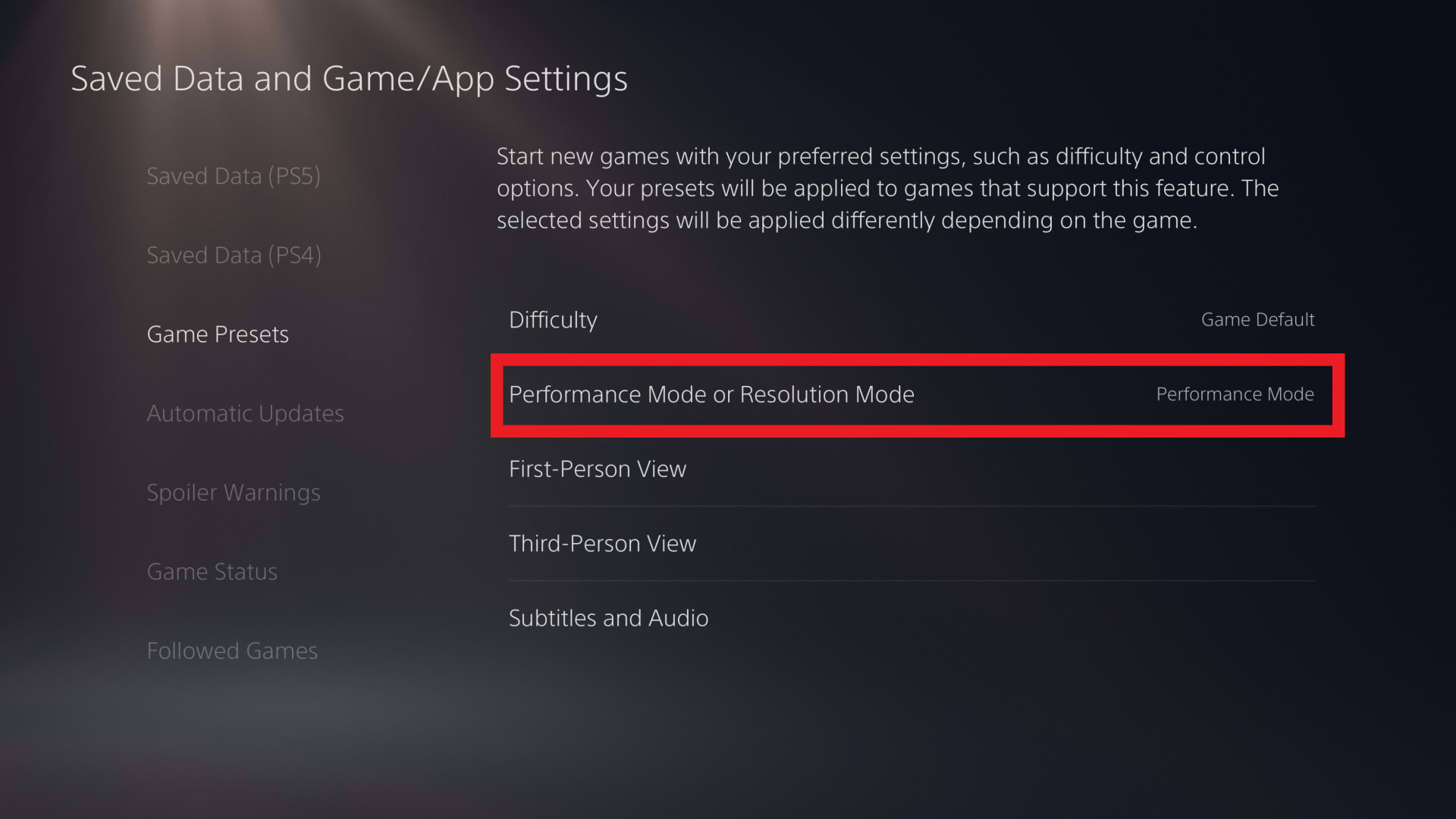 A console game preset menu with Performance Mode selected instead of Resolution Mode