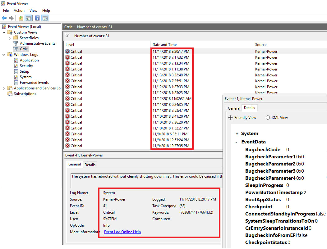 Event Viewer showing a Kernel-Power Event ID 41 entry with its EventData details expanded