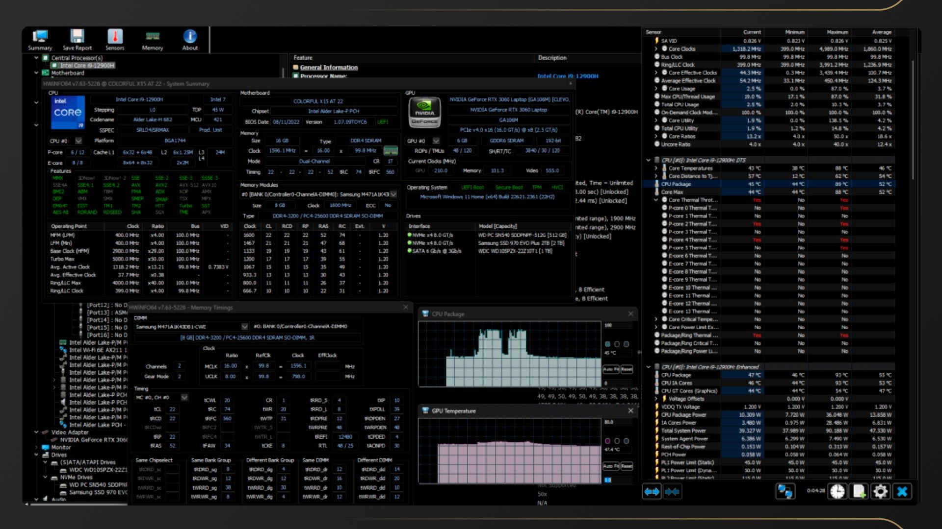 HWiNFO64 sensor windows logging CPU and GPU temperatures, power draw and clock speeds