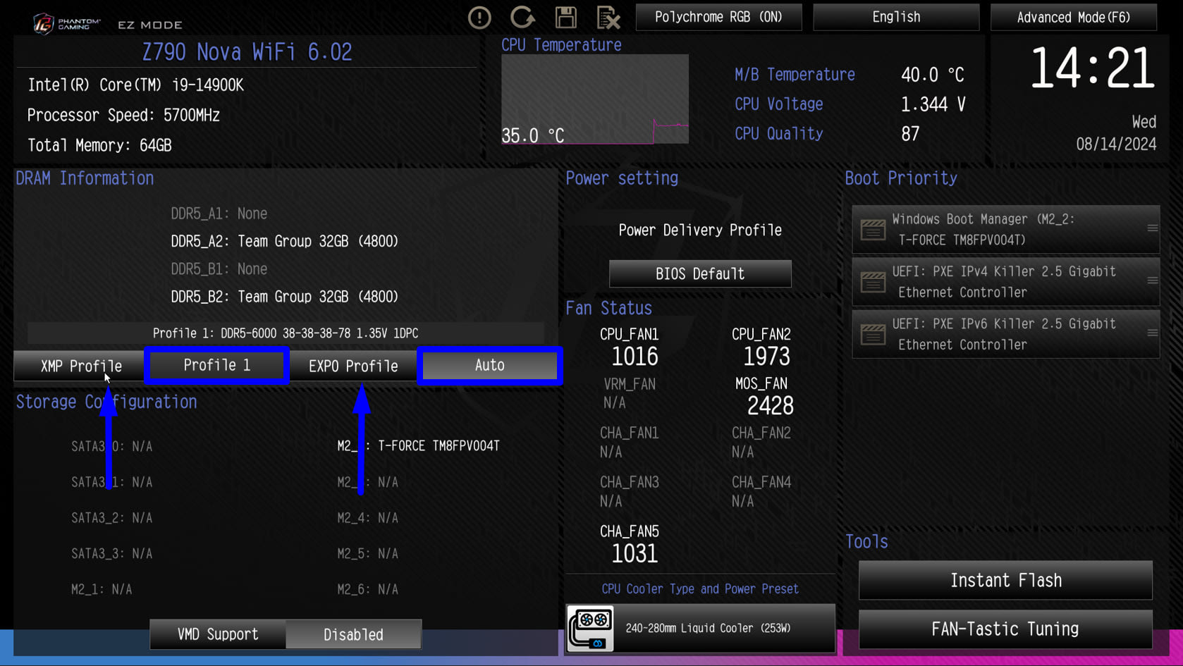 Motherboard BIOS EZ mode showing the XMP and EXPO memory profile selection buttons