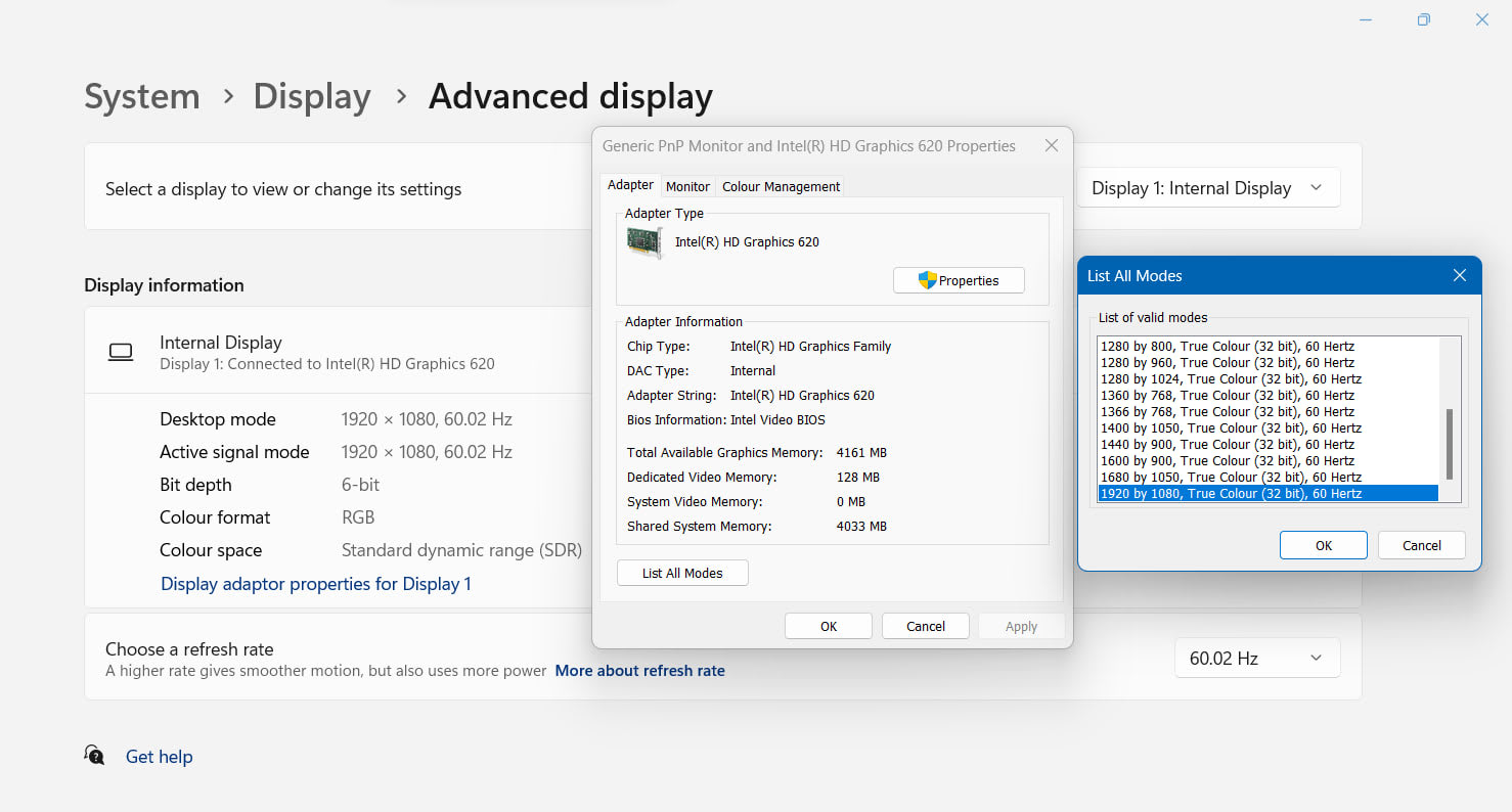 The Windows Advanced display page reporting bit depth, colour format and colour space for the connected display