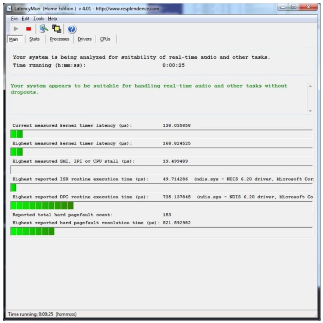 The LatencyMon Main tab summarising kernel timer latency and the highest reported ISR and DPC execution times