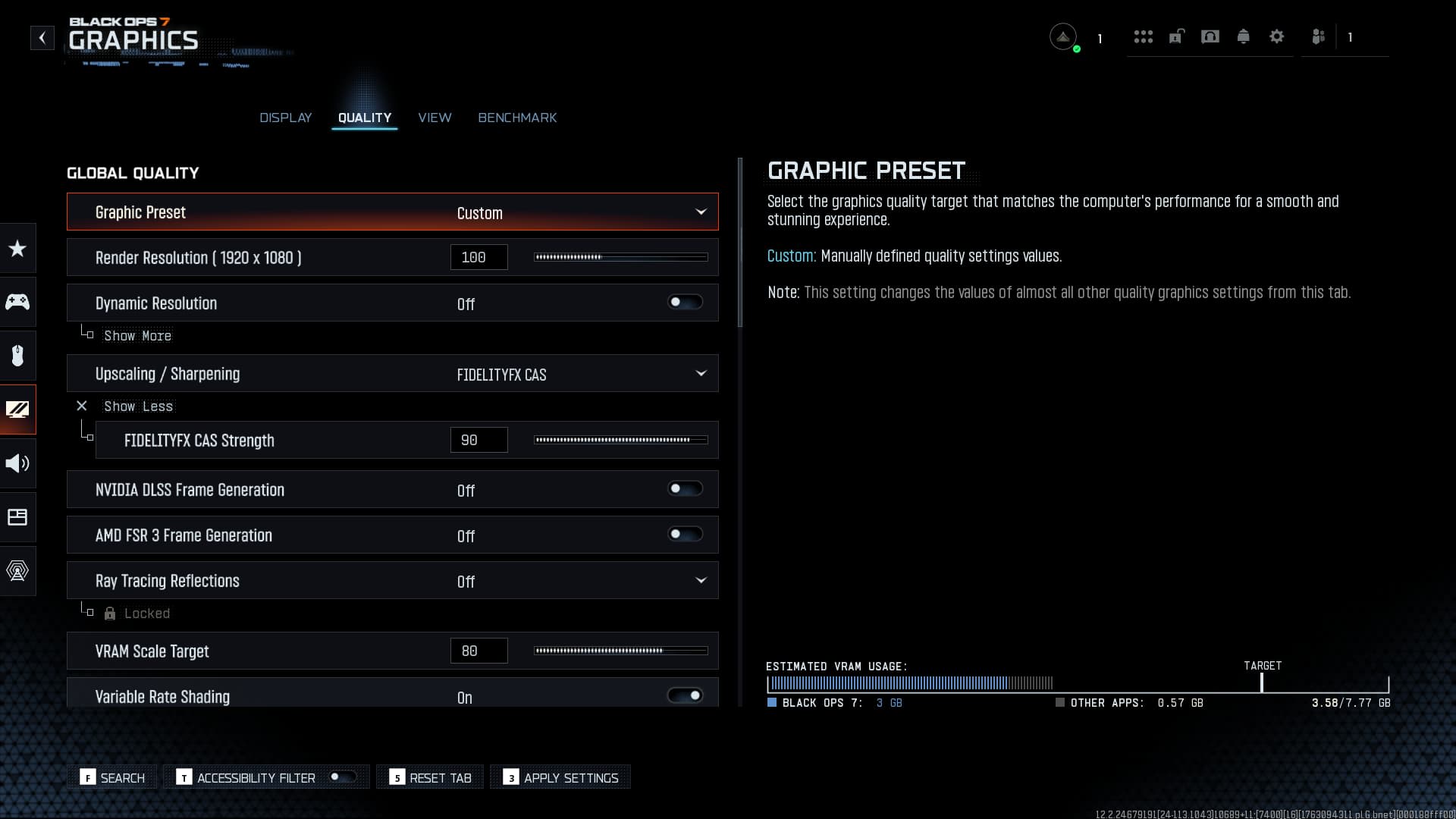 A PC game graphics quality menu with an estimated VRAM usage meter shown against the card's capacity