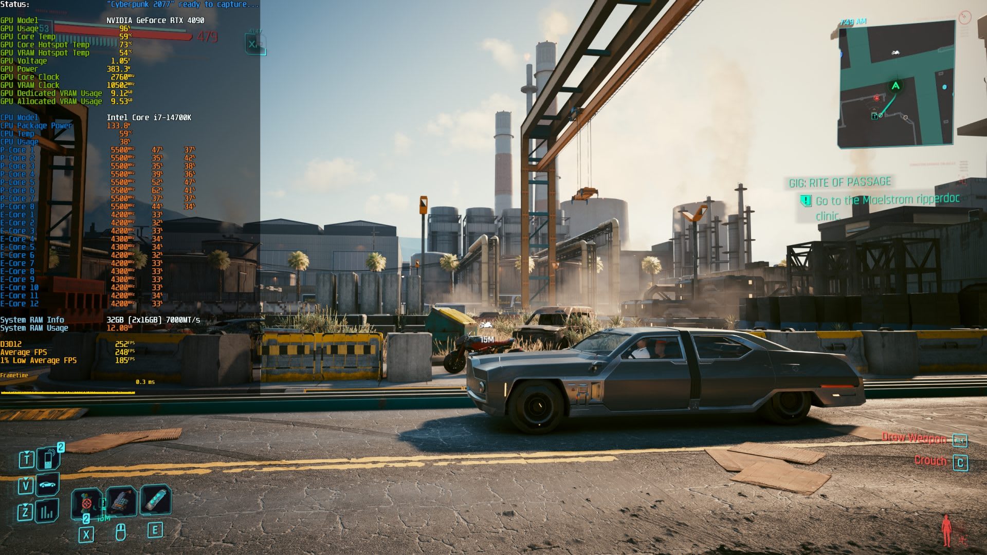 An in-game performance overlay reporting dedicated and allocated VRAM usage alongside GPU and CPU sensors