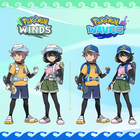 The player characters for Pokemon Winds and Pokemon Waves in their version-specific outfits