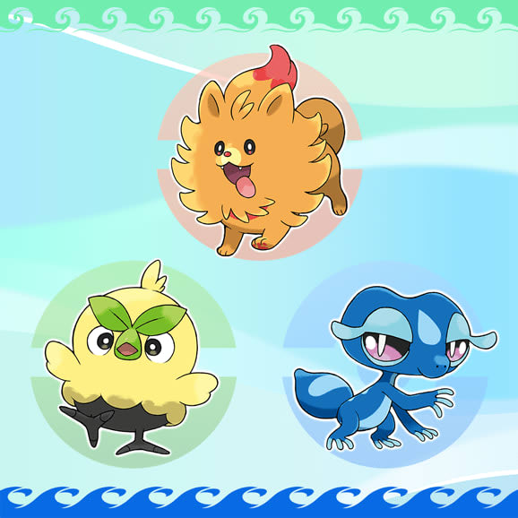The three Generation 10 starter Pokemon: Browt, Pombon and Gecqua