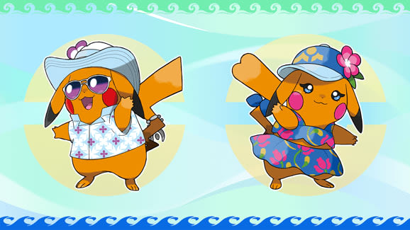 Pokemon in island outfits set against the windswept ocean region