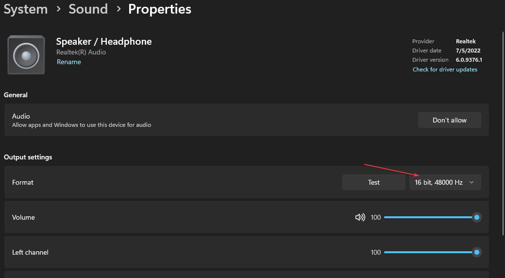 Windows sound device properties with the output format set to 16 bit 48000 Hz