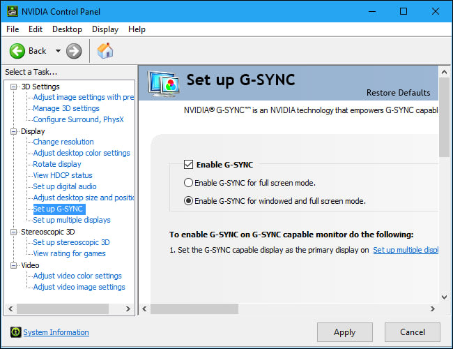 NVIDIA Control Panel Set up G-SYNC page with windowed and full screen mode enabled