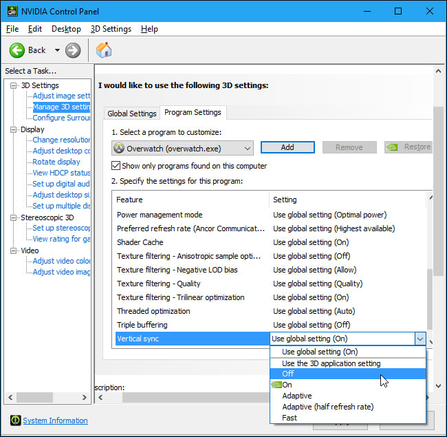 NVIDIA Control Panel Manage 3D Settings with the Vertical sync dropdown open