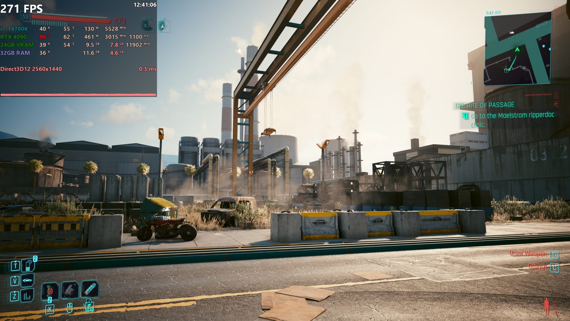 An in-game overlay reporting GPU utilisation, frame rate and clock speeds during play