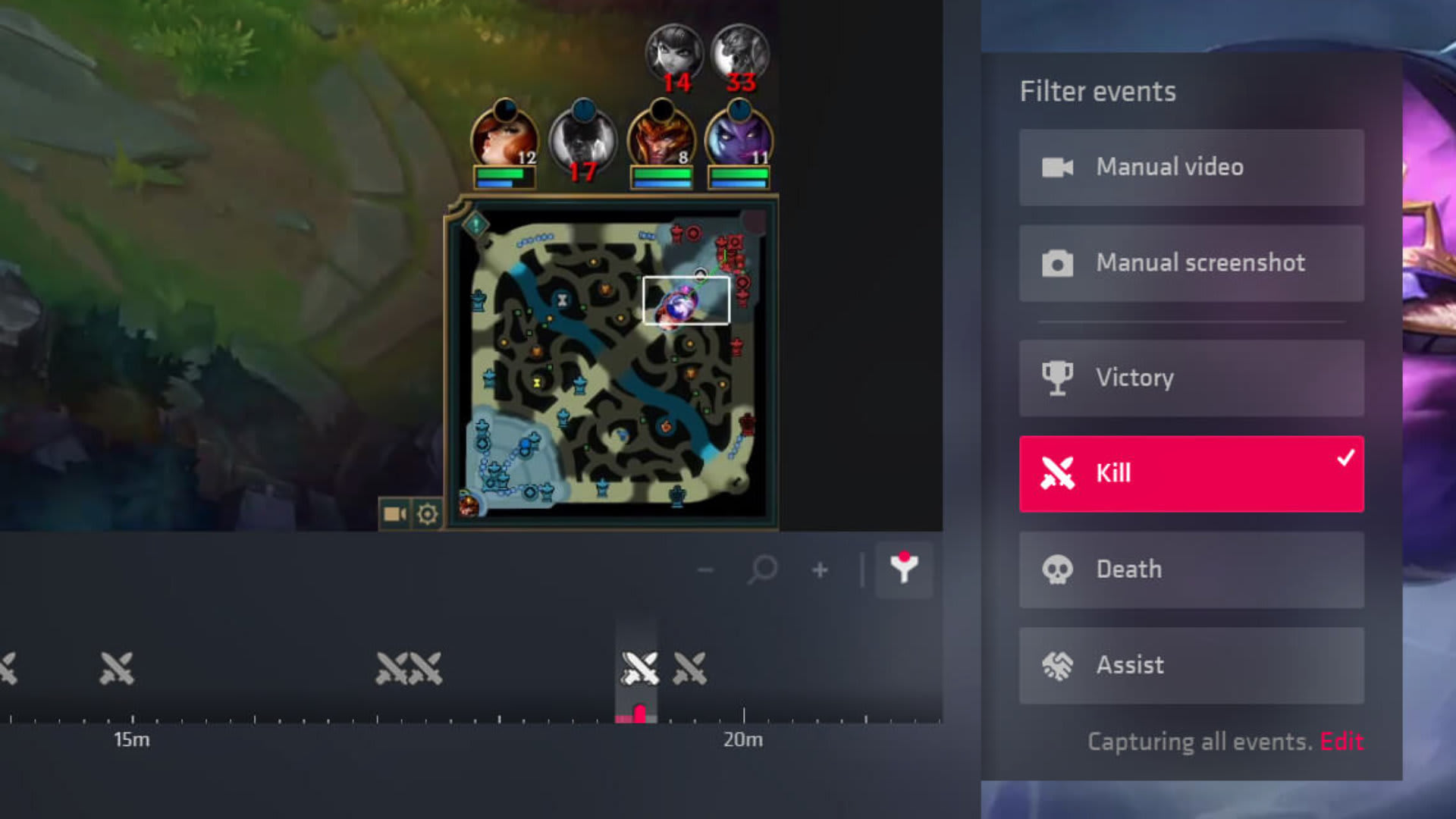 Outplayed's event timeline in League of Legends, with kill markers along the bottom and a filter panel for manual video, victory, kill, death and assist events