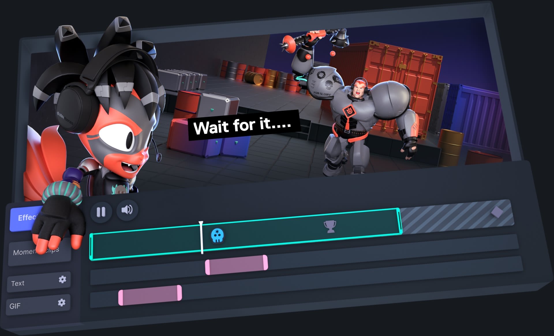 A SteelSeries Moments promotional render of a clip editor, with kill and trophy event markers on the timeline and Text and GIF effect tracks
