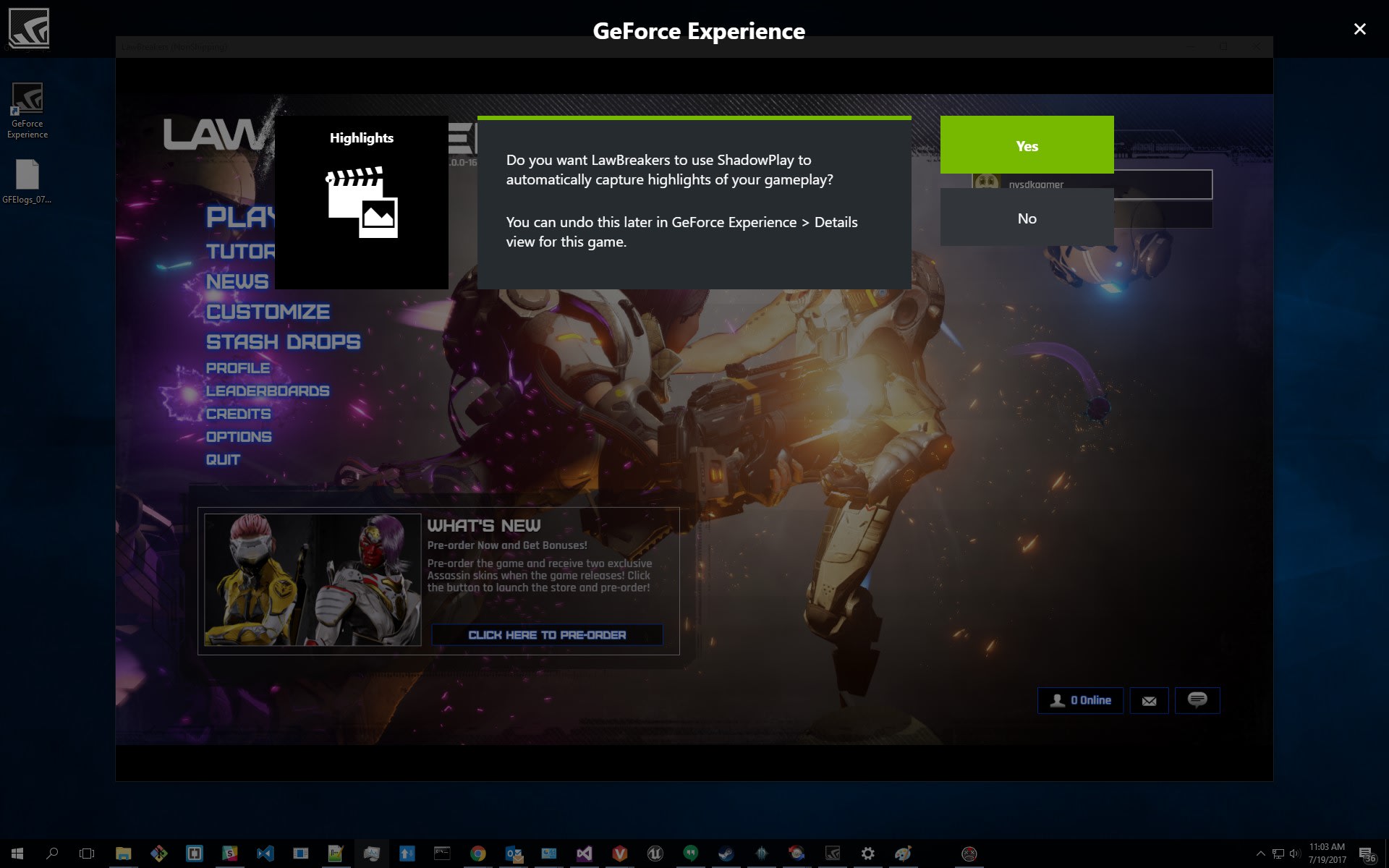 A 2017 GeForce Experience prompt asking whether LawBreakers may use ShadowPlay to automatically capture highlights of your gameplay