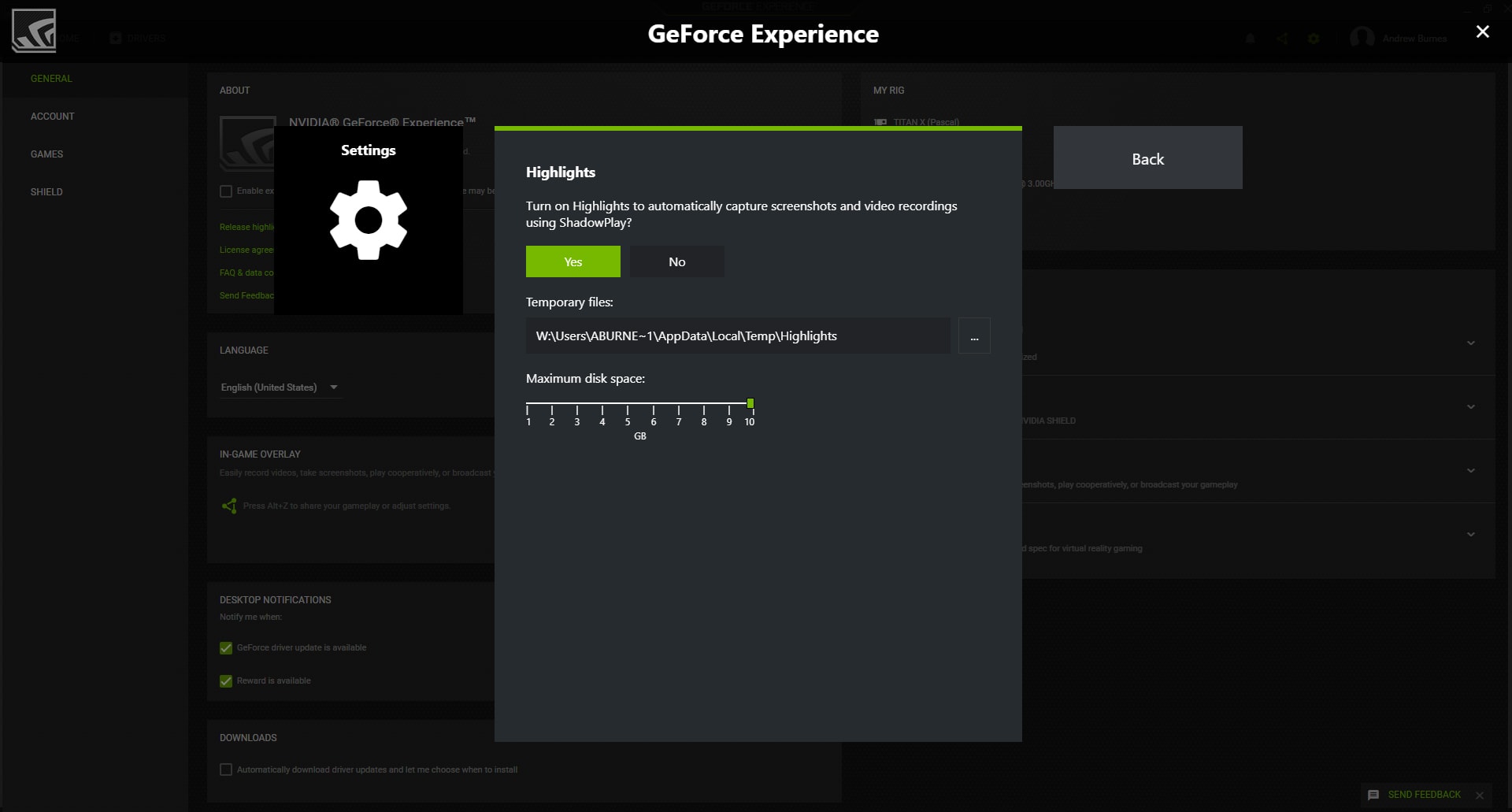GeForce Experience Highlights settings with a temporary files folder and a maximum disk space slider from 1 to 10 GB
