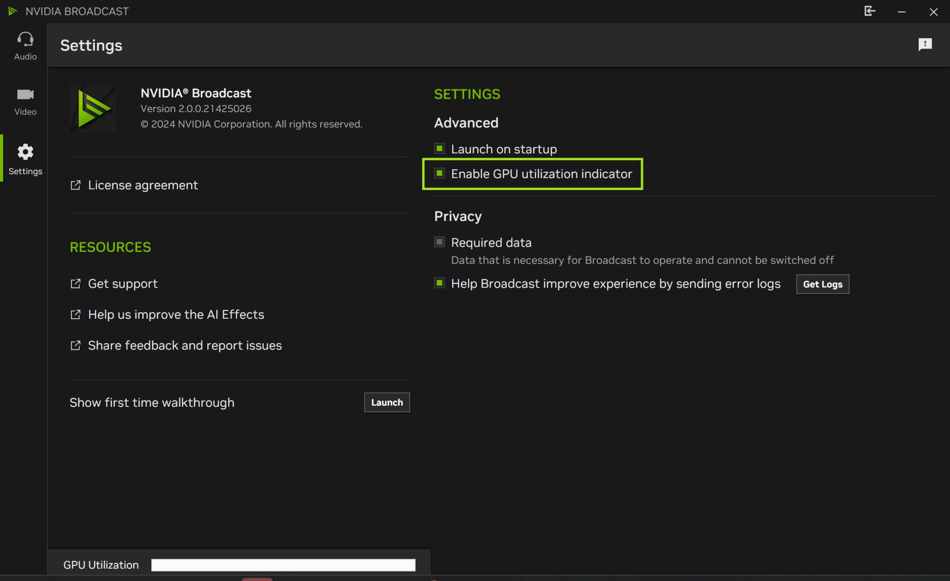 Nvidia Broadcast Settings page with the Enable GPU utilization indicator option highlighted and a GPU Utilization bar at the bottom