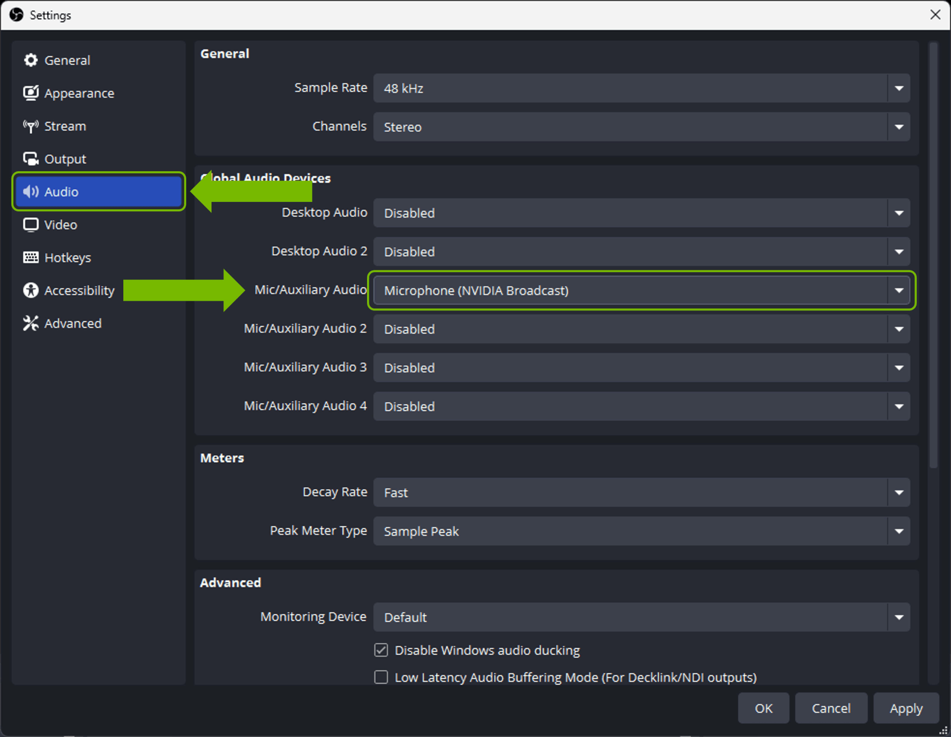 OBS Studio audio settings with Mic/Auxiliary Audio set to the NVIDIA Broadcast microphone device
