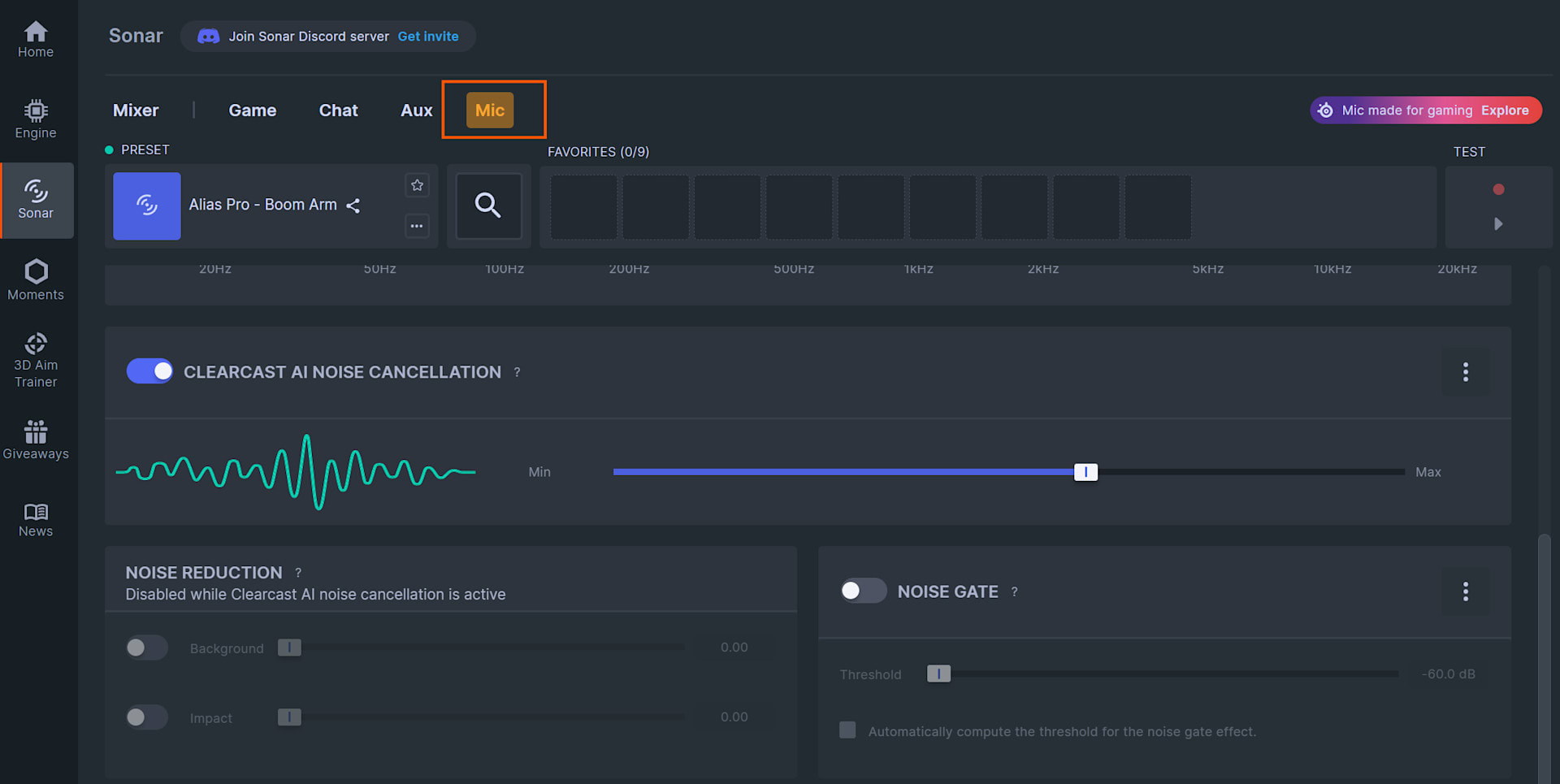 SteelSeries Sonar Mic tab with ClearCast AI Noise Cancellation switched on, a strength slider between Min and Max, and the older Noise Reduction controls greyed out