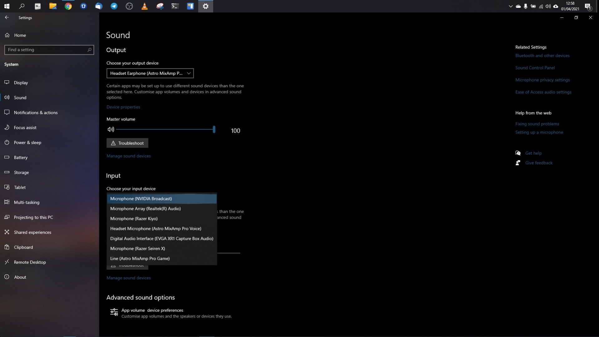 Windows Sound settings with the input device list open and Microphone (NVIDIA Broadcast) selected