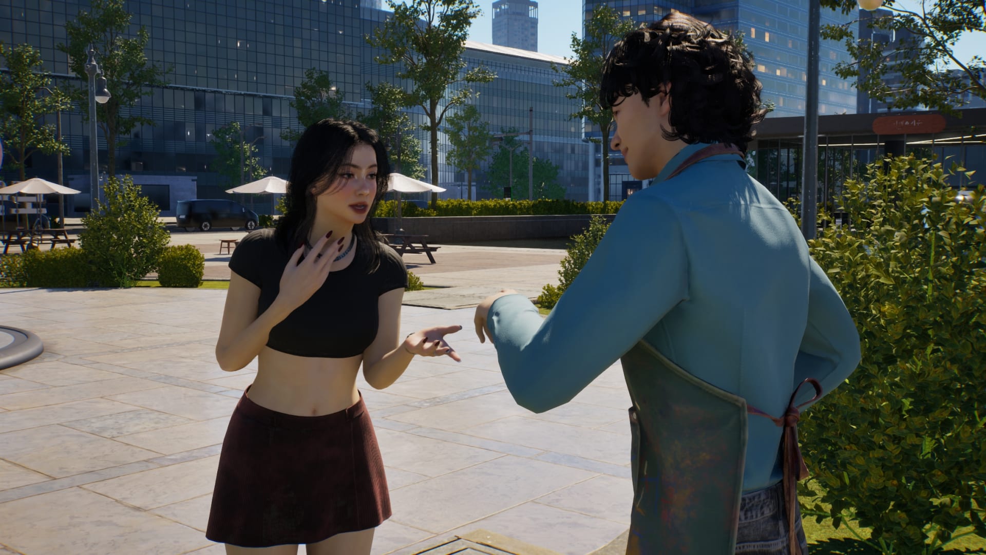 Two inZOI characters talking in a sunny city plaza, one gesturing mid-conversation