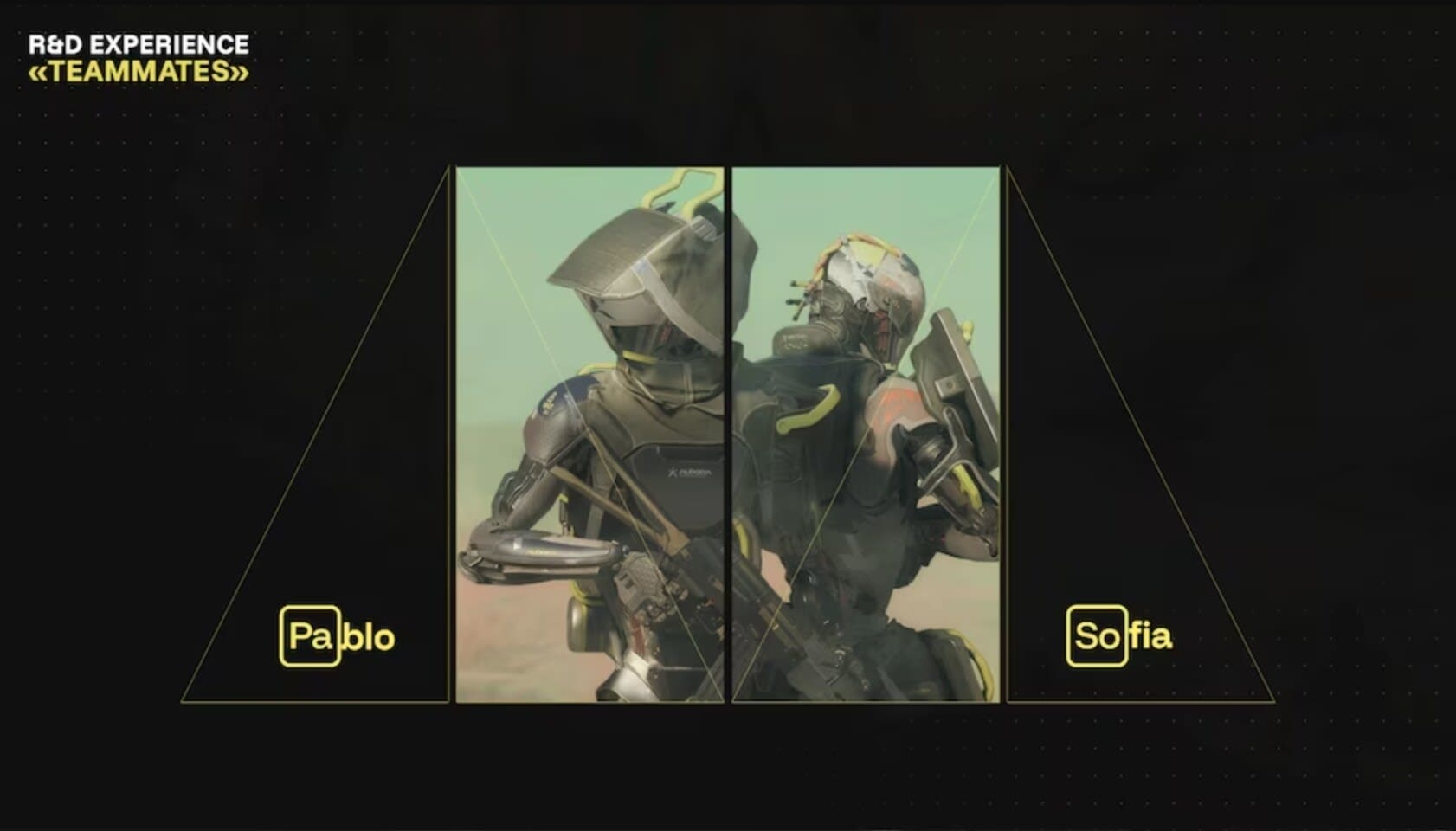 Ubisoft presentation slide titled R&D Experience Teammates introducing the armored AI squadmates Pablo and Sofia